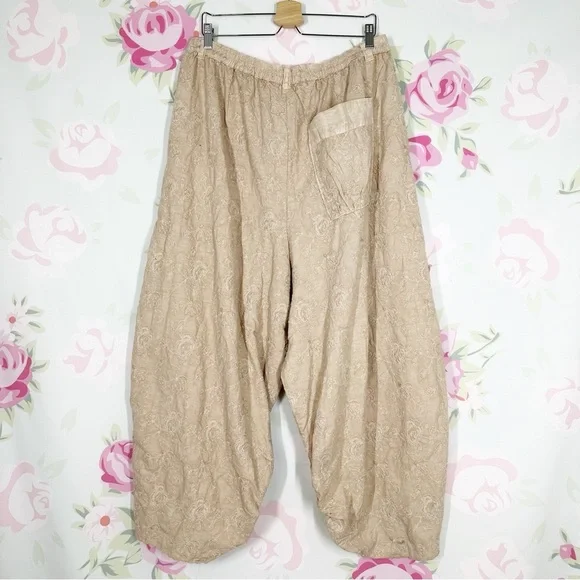 NEW Free People Easy Love Embroidered Pull On Bleached Sand Mid Rise Pants XL